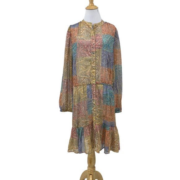 Boston Proper Balloon Sleeve Shirt Dress Women L Button Up Patchwork Flounce - Picture 1 of 12